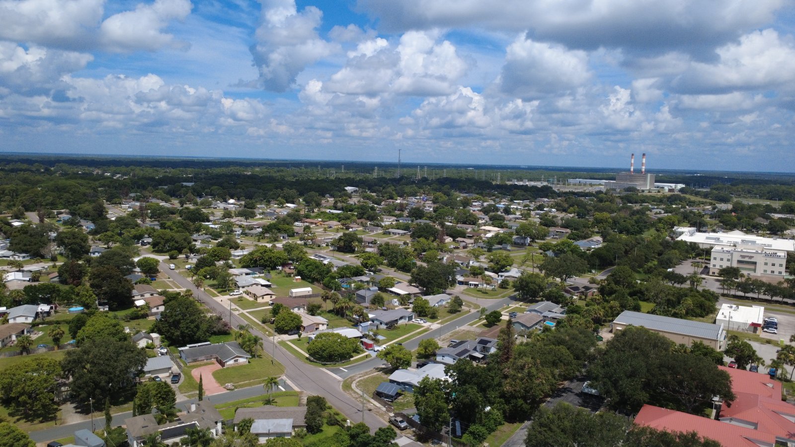 Aerial view over Port St. John neighborhoods toward the river