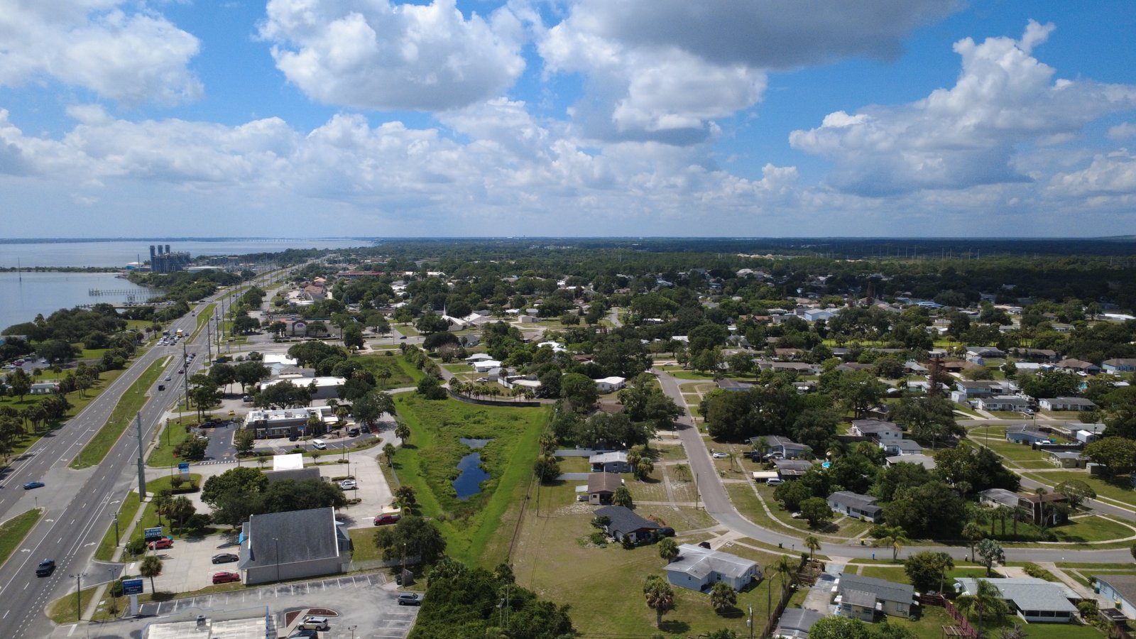 Aerial view south along U.S. 1 beside the Indian River Lagoon