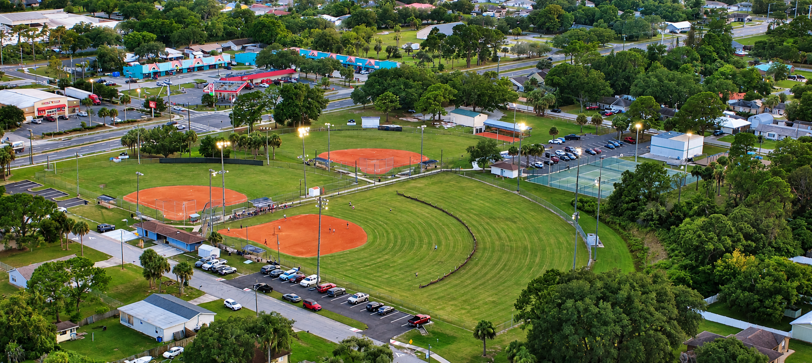 Aerial view of local baseball fields in Port St. John