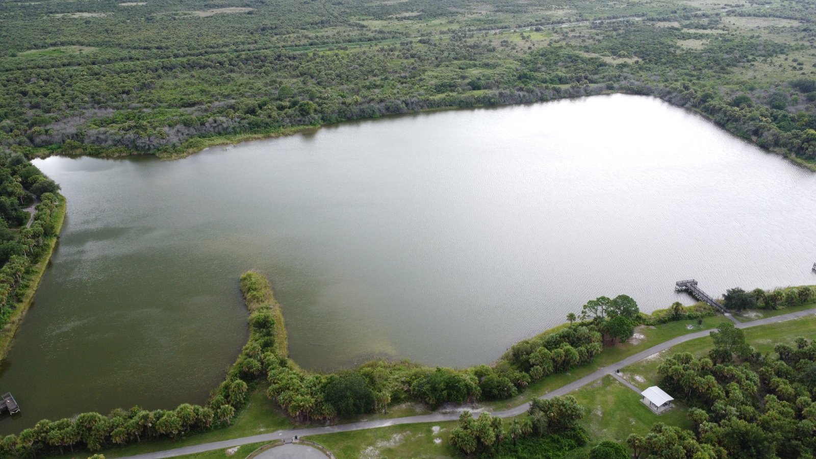 Aerial view across the lake at Fay Lake Wilderness Park