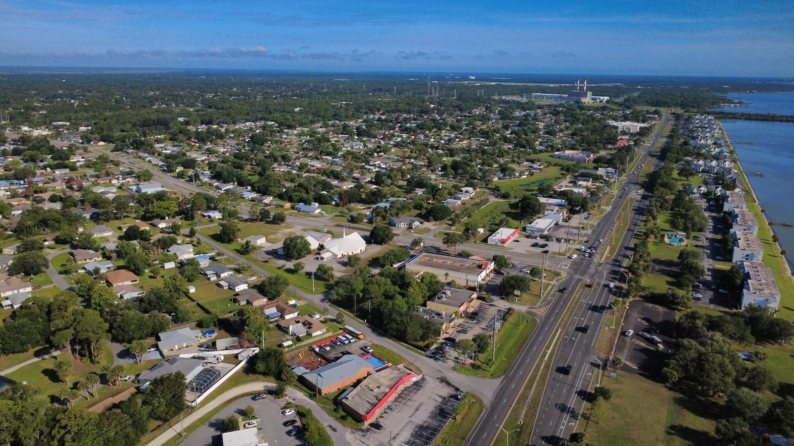 Aerial view of Port St. John with U.S. 1 and the Indian River Lagoon
